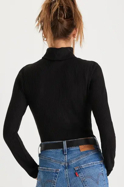 Women Solid Turtle Neck Cotton Blend Black T-Shirt - Image 2