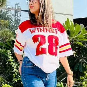 Oversize Women Printed Round Neck Pure Cotton Red T-Shirt