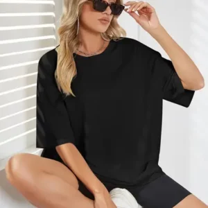 Women Solid Round Neck Cotton Blend Black T-Shirt