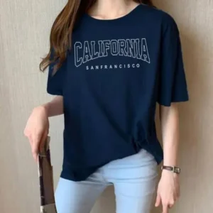 Round Neck Cotton Blend Blue T-Shirt