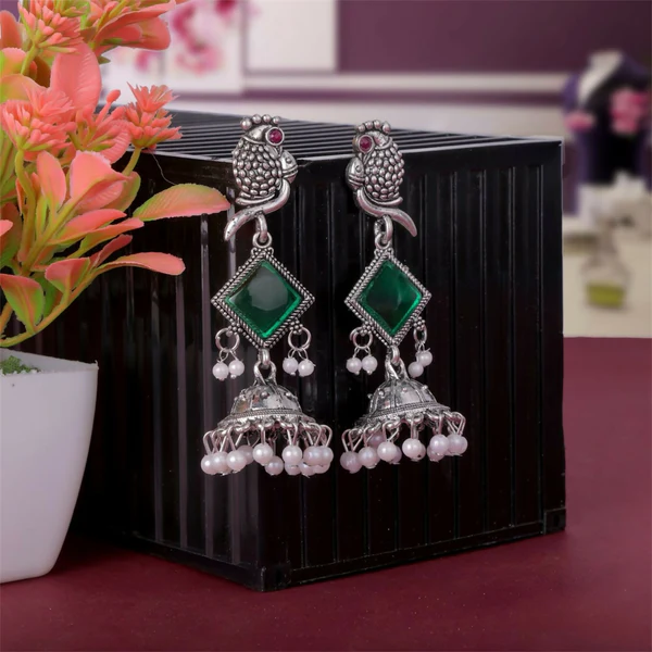Silver Green Stone Parrot Design Jhumka Earrings - Image 2