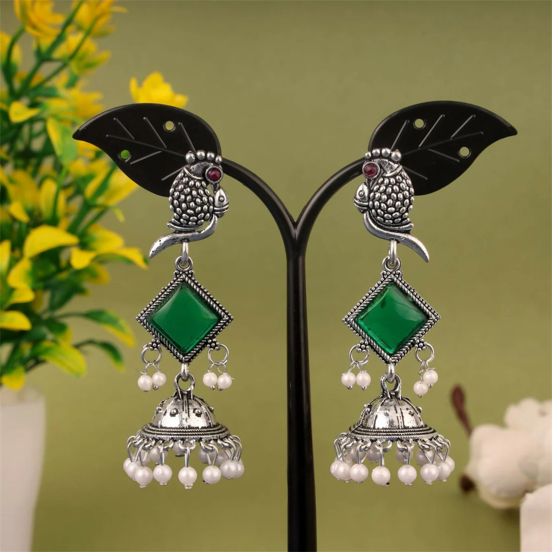 Silver Green Stone Parrot Design Jhumka Earrings