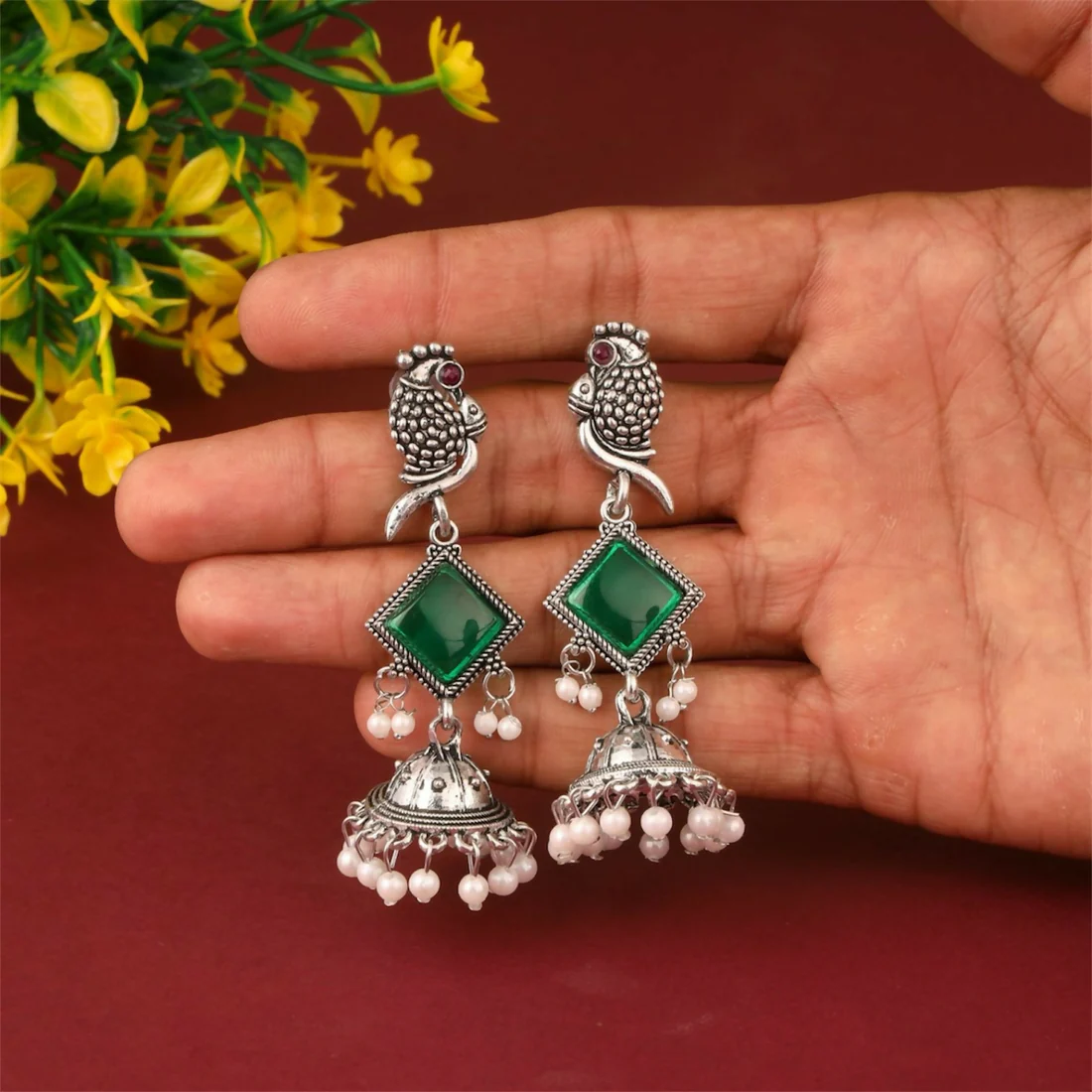 Silver Green Stone Parrot Design Jhumka Earrings - Image 4
