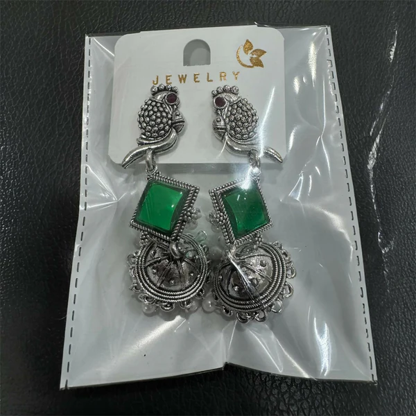 Silver Green Stone Parrot Design Jhumka Earrings - Image 5